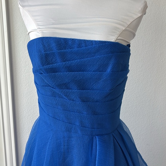 Theia Blue Asymmetrical Ruffled Strapless Gown - Picture 6 of 9